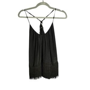Chelsea Flower Black Halter Spaghetti Strap Tank Fringe Hem XS